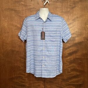 Ben Sherman Linen Blend Button Down Shirt Mens L Blue White Stripes Short Sleeve
